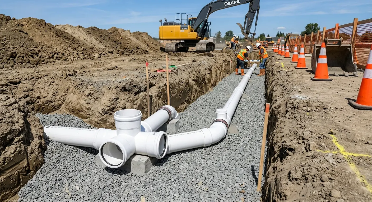 New PVC sewer pipe installation in open trench for Grease Trap Cleaning in Mount Horeb