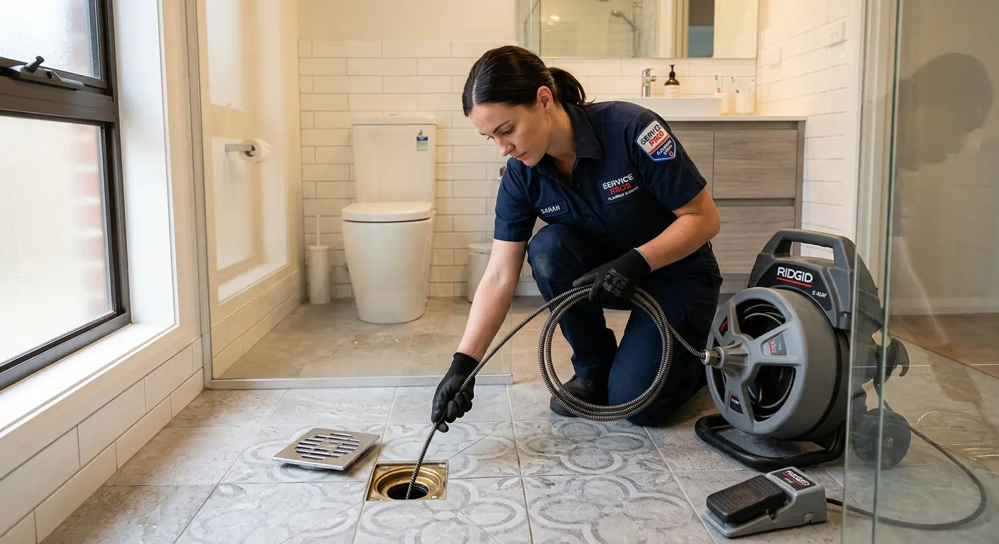 Technician clearing a bathroom floor drain for Sewer Line Installation in Mount Horeb